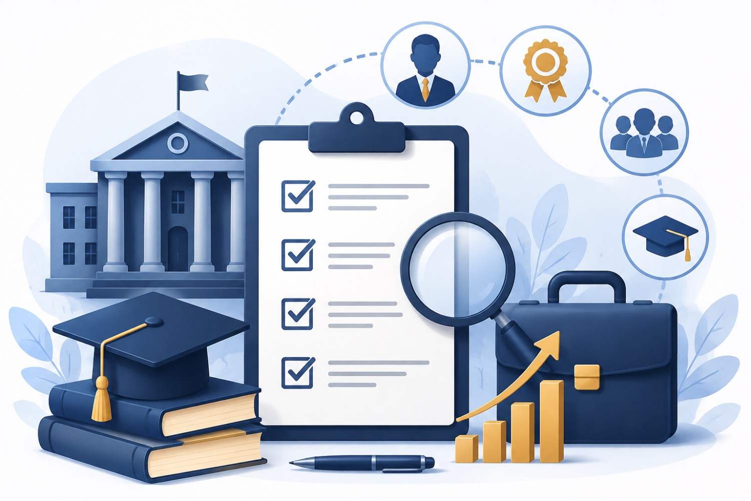 ESCP MiM GMAT requirements and admission criteria illustrated with a business school building, checklist, graduation cap, magnifying glass, and career growth symbols.